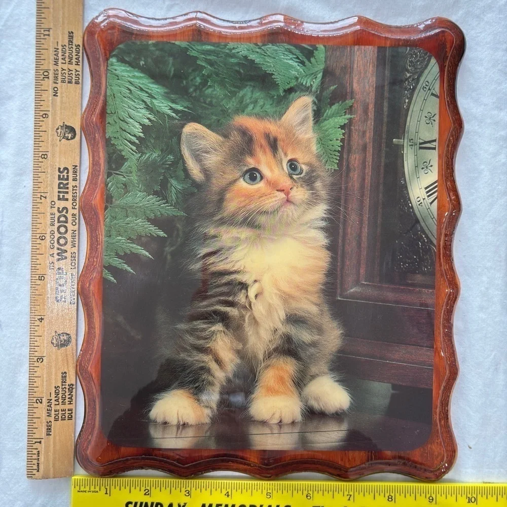 VTG Kitten Picture Lacquered Mounted Decor Calico Cat 9
